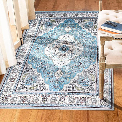 COMSLE Area Rug 4x6 Faux Wool Rugs for Kitchen, Boho Washable Throw Rugs Non-Slip Distressed Carpet Soft Accent Floor Rug for Bedroom, Living Room, Laundry Room (Light Blue)