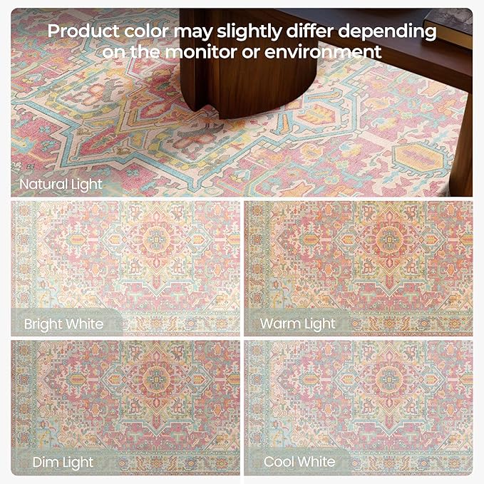 Kokia 5x7 Washable Area Rugs Pink Orange with Vintage Orient Design, Soft Rug for Living Room or Bedroom, Non-Slip Low Pile Stain Resistance Features, Distressed Medallion Pattern