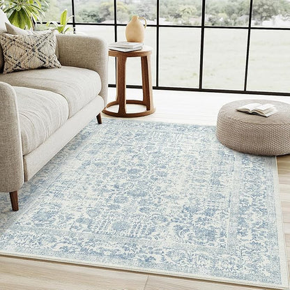 Blue Area Rug 4x6 Office Entryway Rug Machine Washable Kitchen Vintage Distressed Non Slip Carpet Indoor Retro Floral Accent Throw Door Mat for Bathroom Bedroom Dining Living Room