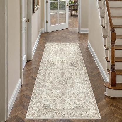 HUGEAR 2x6 Runner Rug Hallway Vintage Brown Machine Washable Neutral Floral Low Pile Carpet Vacuumable Thin Long Throw Rug Bedroom Office Bathroom Kitchen Laundry Non Slip Soft Lightweight
