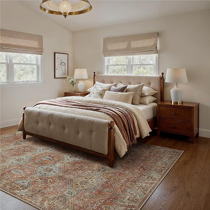 Bavni 8x10 Area Rugs for Living Room, Machine Washable Rug Non Slip, Vintage Chenille Distressed Print Carpet, Large Low Pile Ultra-Thin Lightweight Rugs for Bedroom, Dining Room, Office, Spice Sky