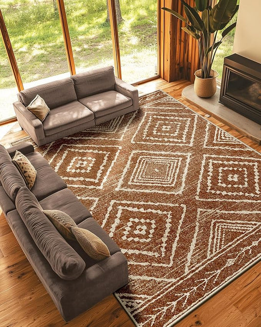 Area Rug 10x14 Rug Machine Washable Non-Slip Low Pile Print Pattern Western Rug for Living Room Bedroom Entryway Tribal Series -Yellowbrown/Cream