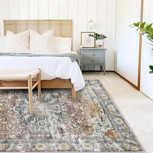 Area Rug 5x7 Washable Rug Brown Vintage Traditional Floor Cover Foldable Thin Retro Kitchen Accent Indoor Distressed Non Slip Carpet Bedroom Living Room Bathroom