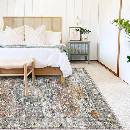 Area Rug 4x6 Washable Rug Taupe Vintage Traditional Floor Cover Foldable Thin Retro Accent Indoor Distressed Non Slip Carpet Floral Print Mat Bedroom Living Room Bathroom