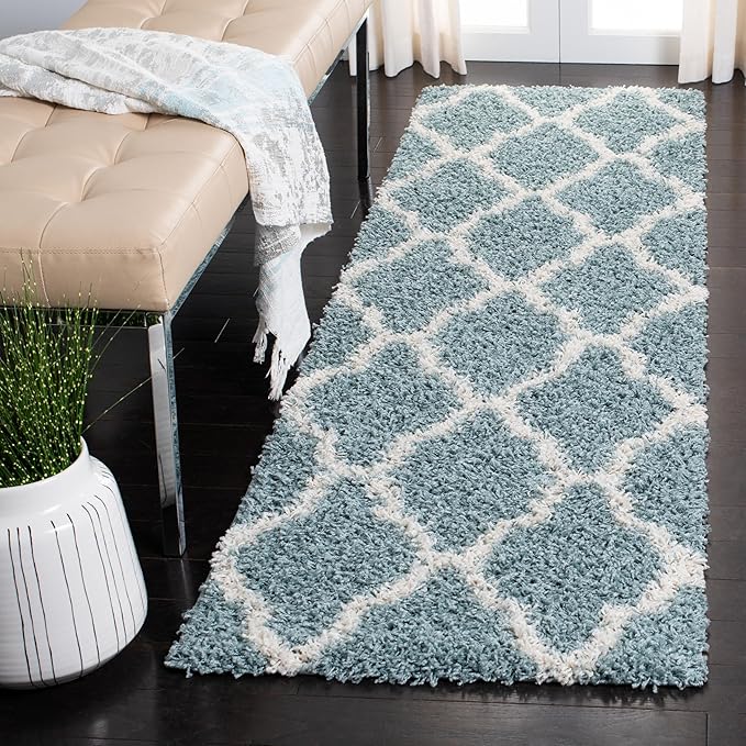 SAFAVIEH Dallas Shag Collection Runner Rug - 2'3" x 8', Seafoam & Ivory, Trellis Design, Non-Shedding & Easy Care, 1.5-inch Thick Ideal for High Traffic Areas in Living Room, Bedroom (SGD257C)