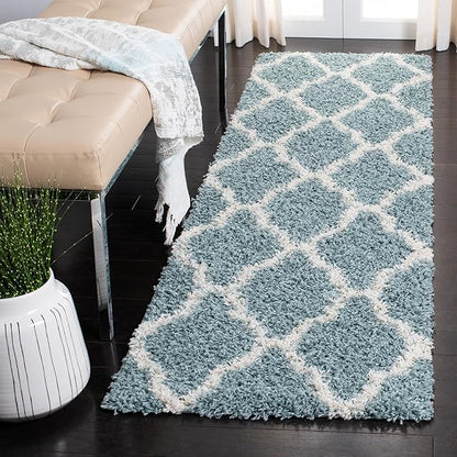 SAFAVIEH Dallas Shag Collection Runner Rug - 2'3" x 18', Seafoam & Ivory, Trellis Design, Non-Shedding & Easy Care, 1.5-inch Thick Ideal for High Traffic Areas in Living Room, Bedroom (SGD257C)