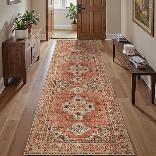 Tangsoo Boho Hallway Runner Rug 2.6x10 Washable Runner Rug for Hallways, Non Slip Vintage Soft Low Pile Long Rug Runner, Oriental Terracotta Carpet Runners for Kitchen Bedroom Entryway Living Room
