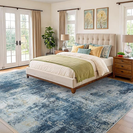 AMADA HOMEFURNISHING 8x10 Area Rugs for Living Room, Modern Washable Rug with Non-Slip Backing & Low Pile, Large Rug with Abstract Pattern for Bedroom, Dinning Room, Home Office, Navy Blue