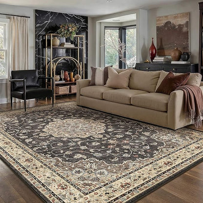 HUGEAR Machine Washable Area Rugs 6x9 Vintage Black Living Room Bedroom Rug Neutral Style Non Slip Stain Resistant Low Pile Throw Carpet for Home Retro Aesthetic Modern Decor
