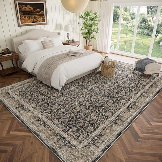 Washable 9x12 Area Rugs for Living Room, Boho Non-Slip Vintage Distress Lager Rugs for Bedroom Dining Room Nursery Office, 0.3" Neutral Oriental Throw Thin Carpet, Black/Brown/Blue/Multi