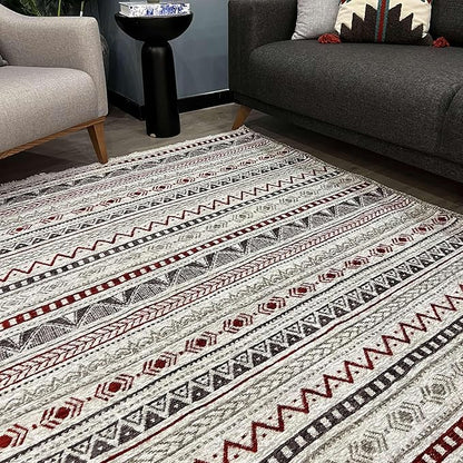 Alfa Rich 7x10 Red Burgundy White Gray Washable Area Rugs for Living Room Bedroom Kitchen Cotton Rug