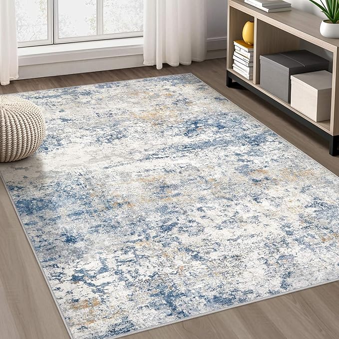 Area Rug Living Room Rugs - 8x10 Abstract Large Soft Indoor Washable Rug Neutral Modern Low Pile Carpet for Bedroom Dining Room Farmhouse Home Office - Blue