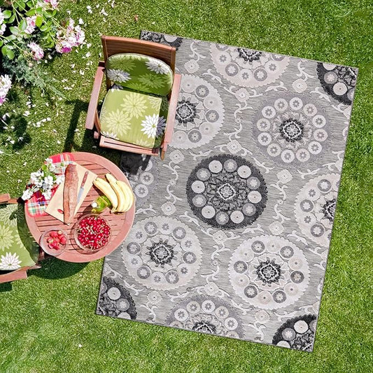 CAMILSON Indoor Outdoor Rug 5x7 Bohemian Medallion Floral Area Rugs for Indoor and Outdoor Patios Easy-Cleaning Non-Shedding Living Room Garden and Kitchen Washable Outside Carpet (5 x 7 / Gray)