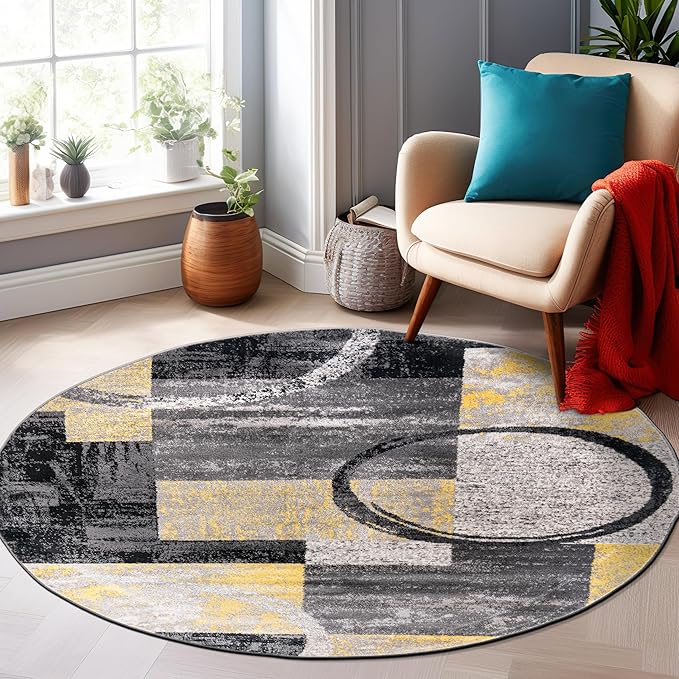 Rugshop Contemporary Abstract Circle Design Soft Area Rug 6' 6" Round Yellow