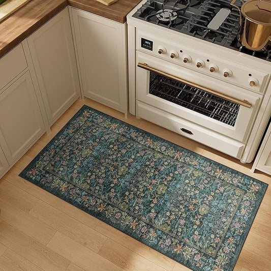 DUKINO 2x4 Rug for Entryway, Lightweight Washable Runner Rug with Non Slip Backing, Vintage Floral Low Pile Small Carpet Runner for Kitchen, Hallway, Entryway, Bathroom, Bedroom, Blue