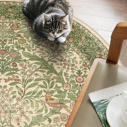 4ft Round Area Rugs for Living Room, Washable Floral Circle Rug Non Slip Low Pile, Vintage Boho Botanical Birds Throw Carpet for Farmhouse, Bedroom, Dining Room, Retro Pink/Green