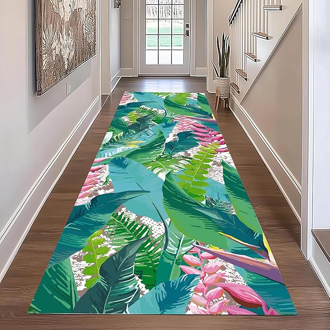 Tropical Rug Runner 2.6x10ft - Non-Slip Durable Floral Leaf Pattern Carpet for Hallway, Stairs, Entryway, Easy Clean Floor Decor