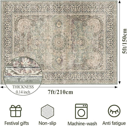 5X7 Area Rugs for Living Room - Large Washable Rugs 5x7 Vintage Rug Throw Low Pile Rug Non-Slip Distressed Carpet for Bedroom, Office, Kitchen,Entryway, Dining Room, Olive Charcoal