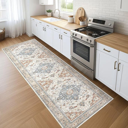 Runner Rug Kitchen Washable Rugs: 3x10 Non-Slip Boho Vintage Distressed Stain Resistant Indoor Neutral Farmhouse Throw Carpet for Hallway Bathroom Laundry Room Entryway Bedroom- Beige Blue