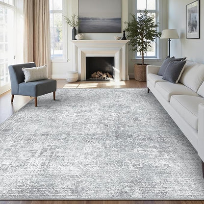 9x12 Area Rug Washable Vintage Living Room Carpet Large Indoor Non Slip Grey Bedroom Distressed Low Pile Retro Accent Throw Rug for Dining Room