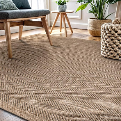 CAMILSON Easy Jute Rug 10x14, Indoor Outdoor Natural Color Fiber Area Rugs for Living Room Patio and Kitchen Rug Herringbone Woven Design Easy-Cleaning Washable Outside Carpet Alfombras 10 x 14