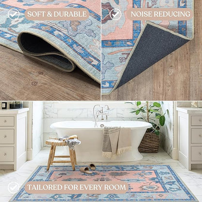 Fame Living Modern Oushak Rug, Vintage, Turkish, Eclectic, Floral, Pastel, Washable, Large Area Rugs for Living Room, Dining, Bedroom, Girls, Boys, 7'5"x9'8"