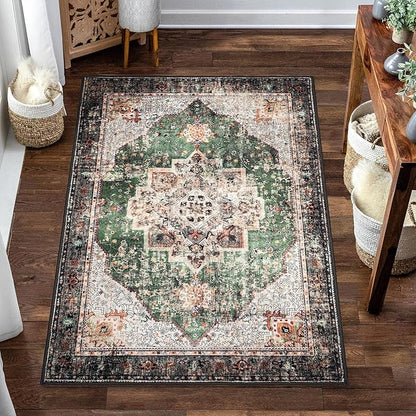 2x3 Small Rugs for Entryway, Green Boho Area Rug for Bathroom Throw Hallway Vintage Kitchen Rugs Non Slip Washable, Indoor Entrance Floor Carpet