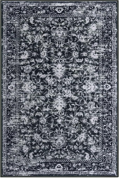 KILOCOCO Area Rug 3x5 Entryway Rug Washable Printed Vintage Floral Rubber Backed Non Slip Indoor Kitchen Rugs for Living Room Laundry Room Playroom Mudroom Moroccan Area Rugs, Black/Navy/White
