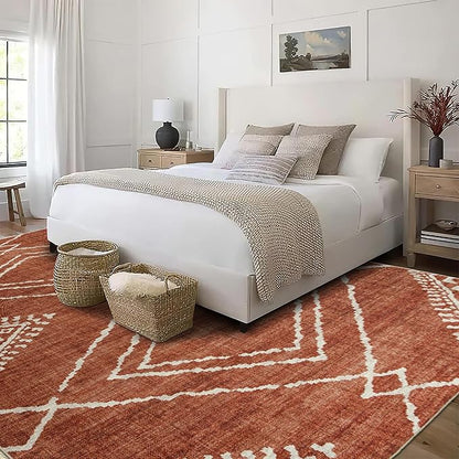 ReaLife Rugs Machine Washable Area Rug - Living Room Bedroom Bathroom Kitchen Entryway Office - Padded Low Pile Stain Resistant Premium - Moroccan Diamond Tribal - Jax - Orange 6' x 8'