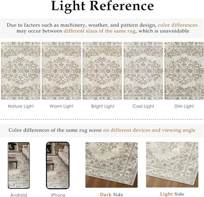 2x8 Runner Rug Beige Washable Hallway Kitchen Bedroom Vintage Distressed Bathroom Non Slip Medallion Floral Carpet Indoor Retro Throw Floor Mat for Office Dining Laundry Living Room