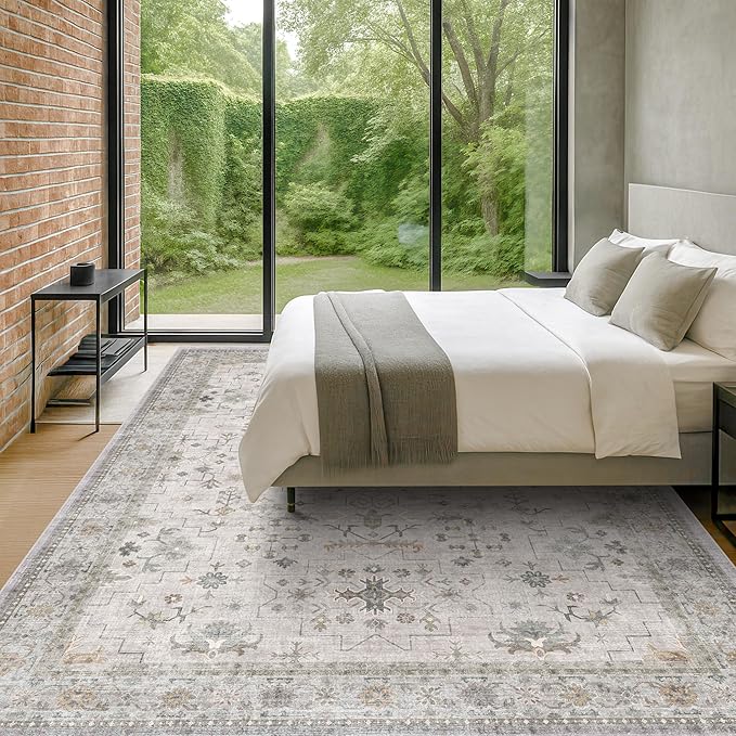 Boho Light Grey Living Room Rug 10x14 - Modern Vintage Eclectic Floral Pastel Neutral Taupe, Washable Low Pile Non-Slip Extra Large Area Rugs for Dining Under Table Bedroom Lounge