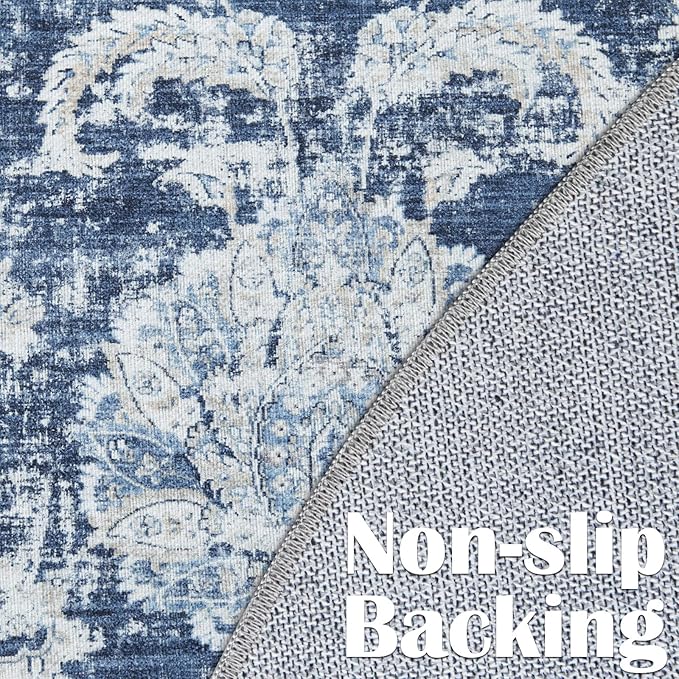 jinchan Fiora Round Rug 7ft Area Rugs Vintage Floral Distressed Design Machine Washable Non-Slip Low-Pile Ultra-Thin Circle Rug for Living Room Dining Room Bedroom Farmhouse (7' Round, Dark Blue)
