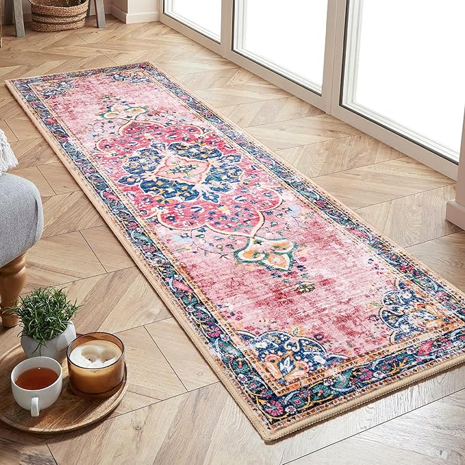 Washable Runner Rug 2x6 Pink Boho Area Rug for Hallway Entryway Kitchen Laundry Room Bathroom Bedroom Non Slip Blush Vintage Rug Indoor Carpet