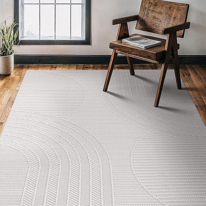 CAMILSON Micro Loop Rug 4x6 Modern Luxury Geometric Arch Area Rugs Soft High and Low Pile Stain Resistant Easy-Cleaning Non-Shedding for Living Room Office Indoor Carpet (4 x 6 / White)