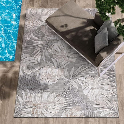CAMILSON Indoor Outdoor Rug, Beige 7’10”x10’ Leaf Tropical Botanical Area Rugs for Indoor and Outdoor patios, Easy-Cleaning Non-Shedding Living Room, Garden and Kitchen Washable Outside Carpet (8x10)