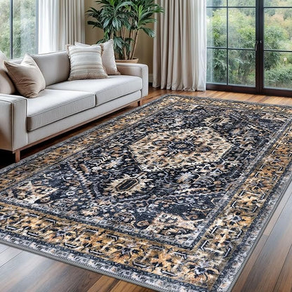 KOZYFLY Boho Area Rug 6x9 Ft Thin Rugs for Living Room Washable Bedroom Rug Non Slip Rugs for Living Room Gold Navy Printed Faux Wool Vintage Bedroom Rug Floor Carpet for Dining Room