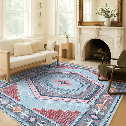 Fame Living Washable Area Rug. Modern Farmhouse. Vintage. Turkish. Bohemian. Distressed. Oriental. Traditional. Rugs for Living Room. Dining. Bedroom. Office. Entryway. Foyer. (856BlM, 5'9" x 8'9")
