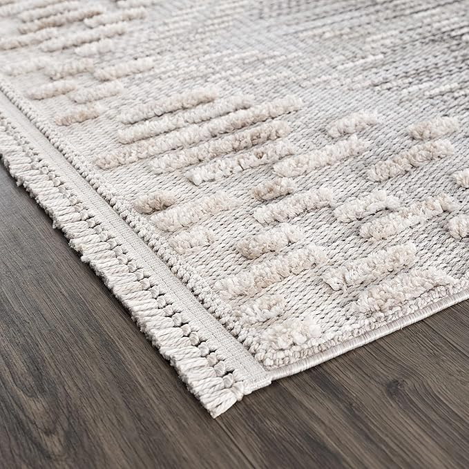 Hauteloom Poydras Farmhouse Living Room Bedroom Modern Moroccan Area Rug - Soft Shaggy High Low Carpet - High Pile - Bohemian, Boho - Gray, Beige, Cream - 6'7" x 9'