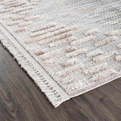 Hauteloom Poydras Farmhouse Living Room Bedroom Modern Moroccan Area Rug - Soft Shaggy High Low Carpet - High Pile - Bohemian, Boho - Gray, Beige, Cream - 9'2" x 12'