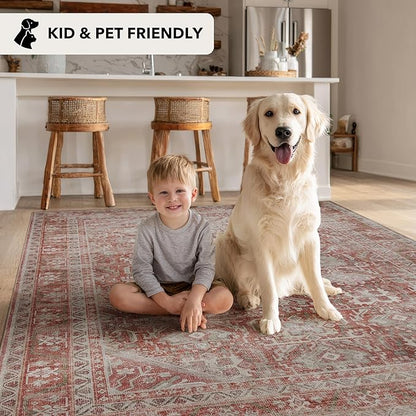 Kuden 9x12 Large Area Rug, Machine Washable Area Rug with Non-Slip Backing, Vintage Style, Soft, Easy Clean, Low Pile Rug for Living Room, Bedroom, Dining Room