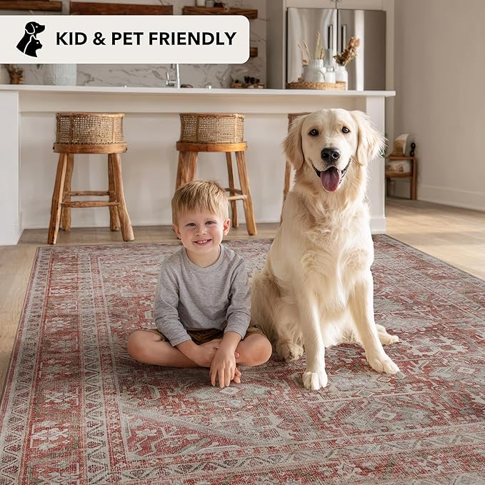 Kuden 2'6"x12 Runner Rug, Machine Washable Area Rug with Non-Slip Backing, Vintage Style, Soft, Easy Clean, Low Pile Rug for Hallway, Entryway, Kitchen, Bedroom