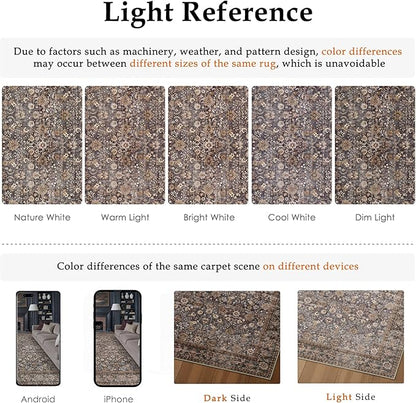 HUGEAR 8x10 Machine Washable Rugs Tradition Brown Hallway Large Area Rug Indoor Accent Rug Floral Low Pile Carpet Soft Throw Aesthetic Rug Bedroom Living Room Office Dining Room Kitchen Laundry Room