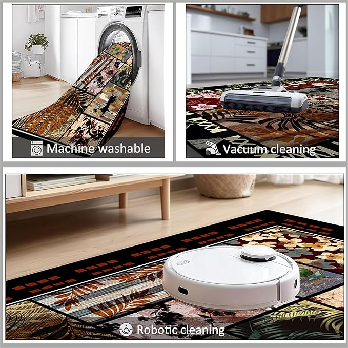 Rustic Cabin Area Rug 5x7ft, Animal & Moroccan Plaid Pattern Vintage Boho Carpet, Stain-Resistant Pet-Friendly & Non-Slip Low Pile for Living Room, Bedroom, Dining Room