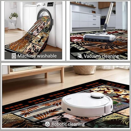 Rustic Cabin Area Rug 5x7ft, Animal & Moroccan Plaid Pattern Vintage Boho Carpet, Stain-Resistant Pet-Friendly & Non-Slip Low Pile for Living Room, Bedroom, Dining Room