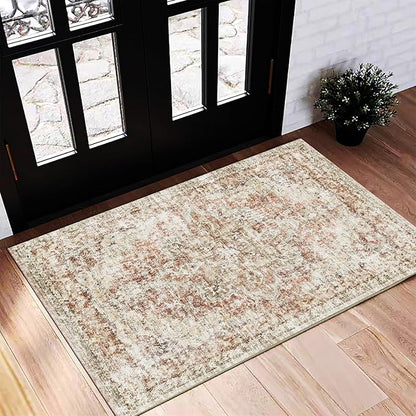 Washable Area Rug 2'x3' Door Mat Vintage Distressed Doormat Indoor Entrance Traditional Thin Rug Floral Print Non Slip Carpet for Kitchen Bathroom Bedroom Living Room