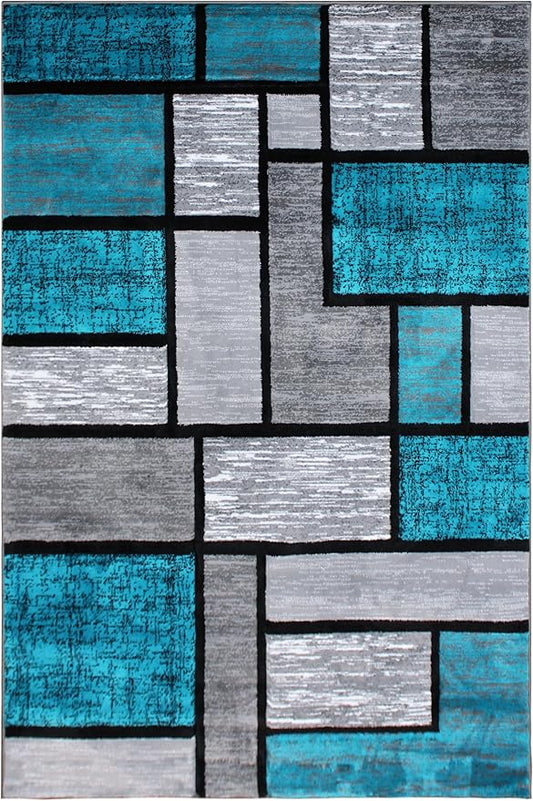 Luna 3995 Geometric Area Rug - Modern Abstract Design, Soft Living Room Carpet - Turquoise & Gray, [Size]