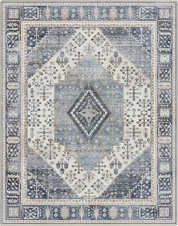 GENIMO 8x10 Area Rugs for Living Room, Machine Washable Non Slip Vintage Rugs, Low Pile Lightweight Chenille Print Rug for Bedroom, Dining Room, Home Office, Navy/Cream