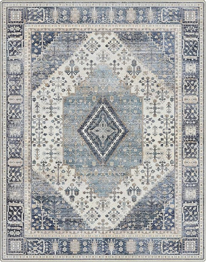 GENIMO 8x10 Area Rugs for Living Room, Machine Washable Non Slip Vintage Rugs, Low Pile Lightweight Chenille Print Rug for Bedroom, Dining Room, Home Office, Navy/Cream