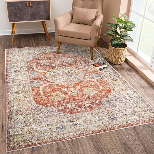 Bloom Rugs Caria Washable Non-Slip 4x6 Rug - Orange/Olive Beige Traditional Area Rug for Living Room, Bedroom, Dining Room, and Kitchen - Exact Size: 4' x 6'
