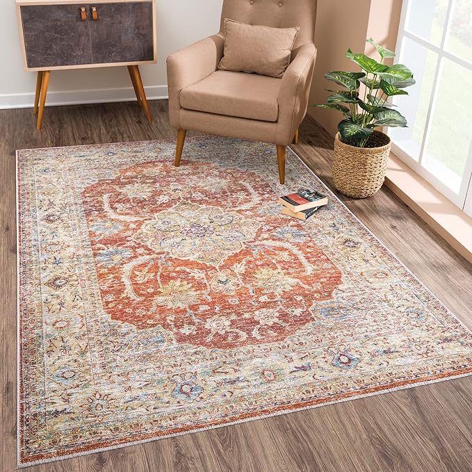 Bloom Rugs Caria Washable Non-Slip 6x9 Rug - Orange/Olive Beige Traditional Area Rug for Living Room, Bedroom, Dining Room, and Kitchen - Exact Size: 6' x 9'
